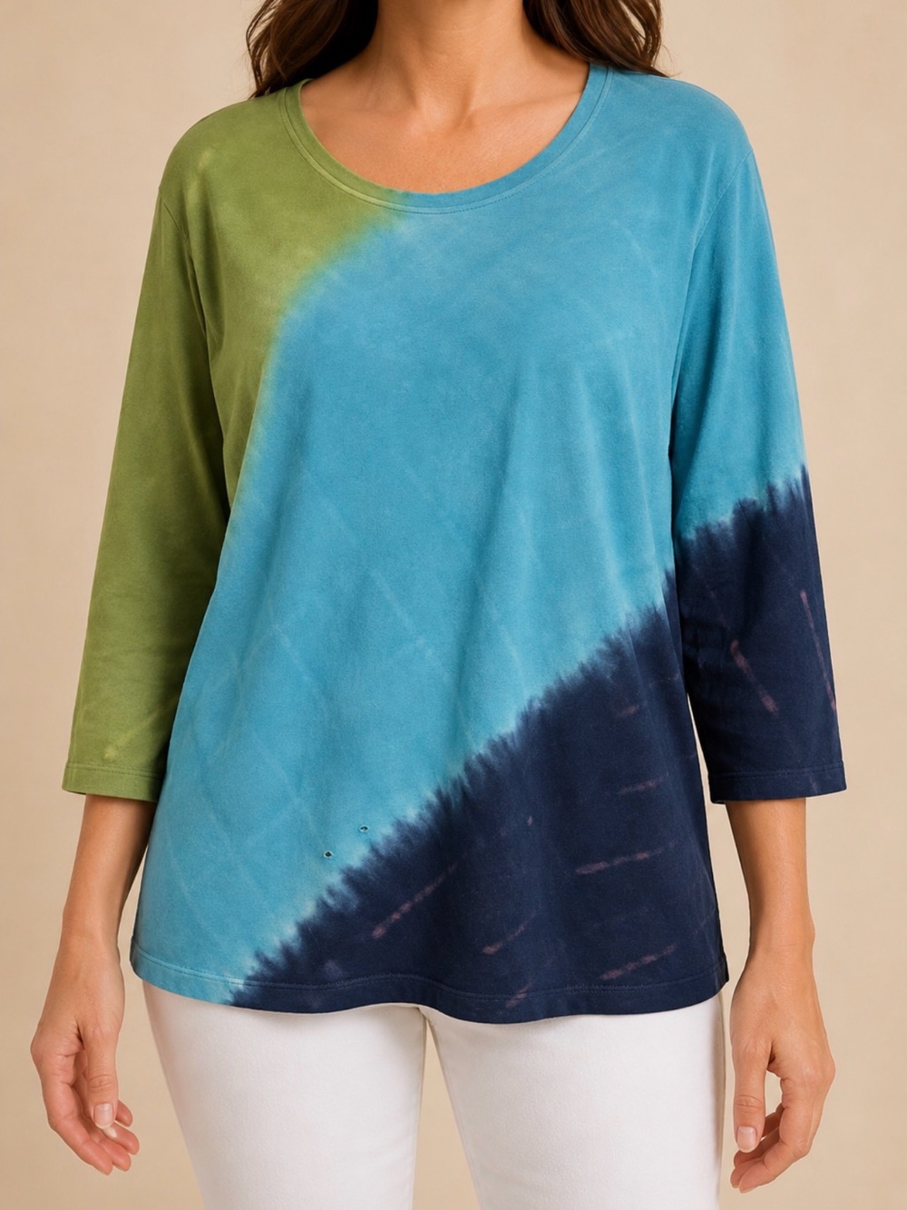 Chico’s Zenergy Size 3 Tie Dye Colorblock 3/4 Sleeve Cotton Top Flawed